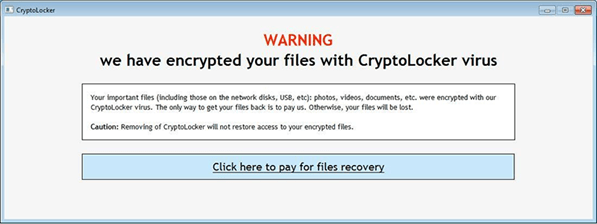 Dialogue box reading 'WARNING we have encrypted your files with CryptoLocker virus'.